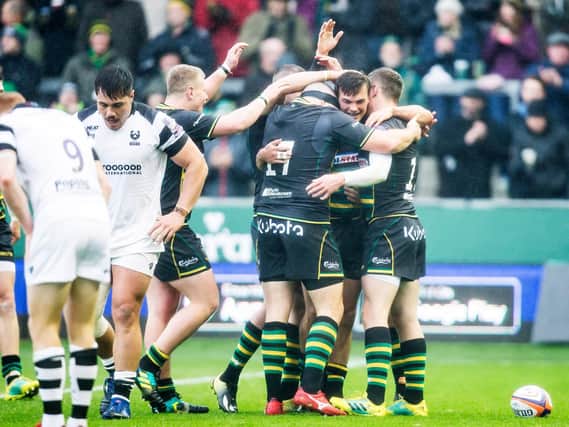 George Furbank celebrated a score for Saints at Franklin's Gardens (pictures: Kirsty Edmonds)