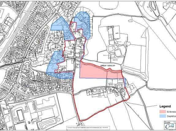 The boundaries (in red) of the Great Oakley Conservation area. Blue areas are those removed.