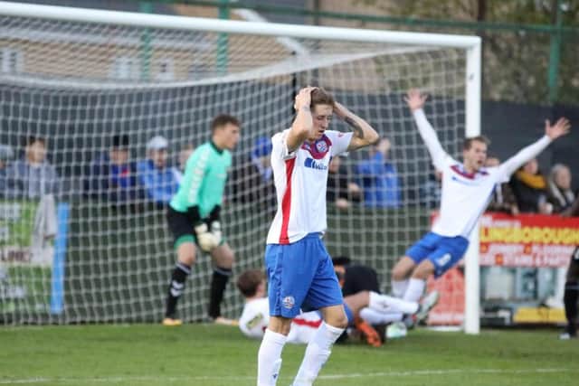Ben Diamond has his hands on his head as a chance goes begging in AFC Rushden & Diamonds' 2-0 home defeat to Rushall Olympic. Pictures by Alison Bagley