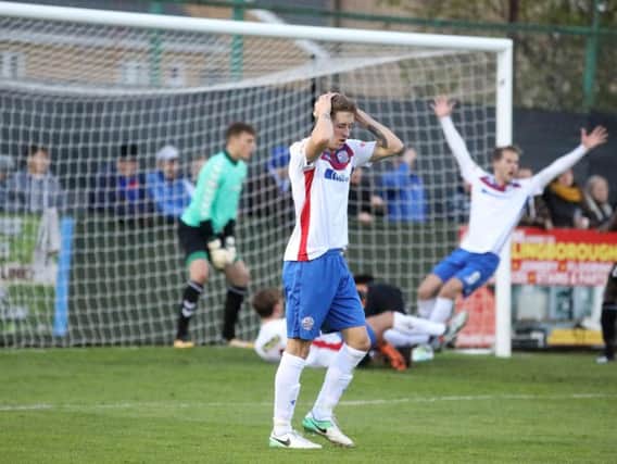 Ben Diamond has his hands on his head as a chance goes begging in AFC Rushden & Diamonds' 2-0 home defeat to Rushall Olympic. Pictures by Alison Bagley