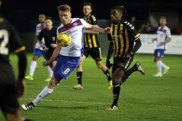 Ben Farrell, pictured during the 2-0 defeat to Rushall Olympic, is hoping AFC Rushden & Diamonds can gain some revenge on Witton Albion this weekend. Picture by Alison Bagley