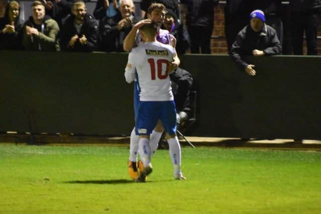 Ben Diamond is congratulated by Sam Brown after he opened the scoring in AFC Rushden & Diamonds 2-1 victory over Hitchin Town at Hayden Road. Picture courtesy of HawkinsImages