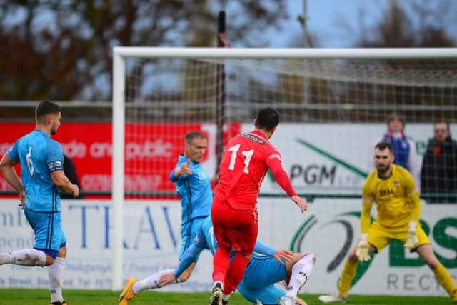 Jon Challinor's goal was enough to sink Kettering Town as they lost 1-0 at Stamford in the Buildbase FA Trophy last weekend. Picture by Mike Capps/www.kappasport.co.uk