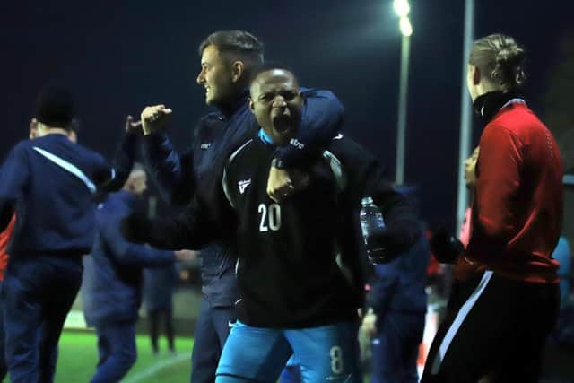 Aaron O'Connor shows his delight at the final whistle after Kettering Town won 1-0 at Royston Town at the weekend. The Poppies are straight into another huge game against Stourbridge this evening. Picture by Peter Short
