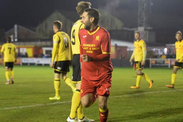 Paul Diggin celebrates scoring Banbury United's winner against AFC Rushden & Diamonds. It was the only goal of the game and came after two minutes. Picture by Jake McNulty