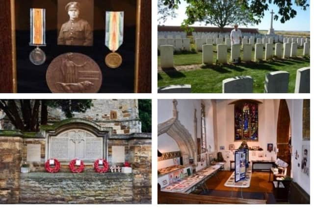 Clockwise from top left: A picture of Lewis Reynolds with his medals and death penny, Trevor at his great uncle's grave, the war exhibition at St Peter's Church and Isham's War Memorial. NNL-181122-161701005