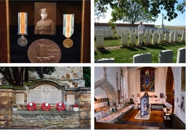 Clockwise from top left: A picture of Lewis Reynolds with his medals and death penny, Trevor at his great uncle's grave, the war exhibition at St Peter's Church and Isham's War Memorial. NNL-181122-161701005