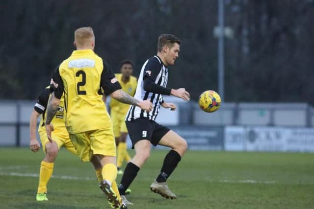 Elliot Sandy in action during Corby Town's 3-2 win over Aylesbury United in which he scored twice. Pictures by Alison Bagley