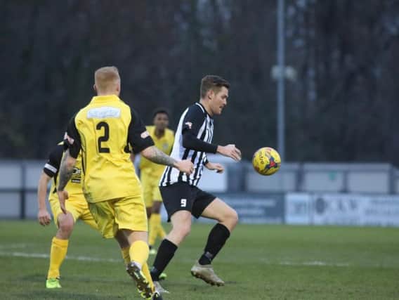 Elliot Sandy in action during Corby Town's 3-2 win over Aylesbury United in which he scored twice. Pictures by Alison Bagley
