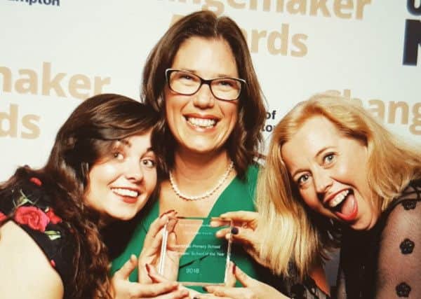 Hannah Shrives, Sandra Appleby and Claire Tyrell-Smith or Greenfields Primary celebrate being given the school of the year Changemaker award earlier this month. NNL-181125-172602005