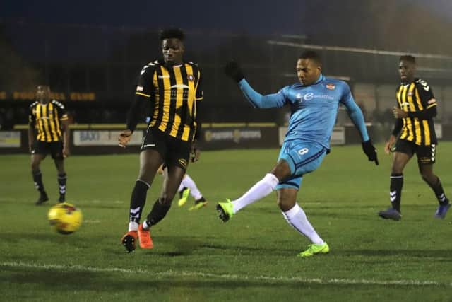 Aaron O'Connor gets a shot away during Kettering Town's 1-0 victory at Rushall Olympic at the weekend. Picture by Peter Short