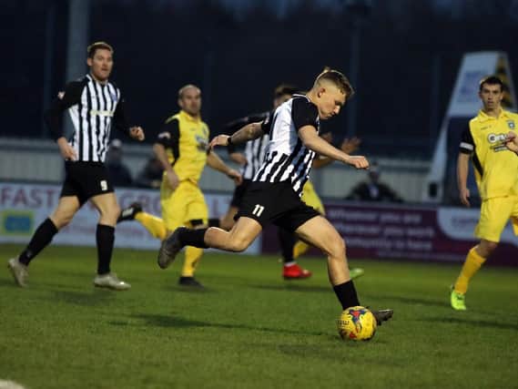 Jordon Crawford gets on the ball during Corby Town's 3-2 victory over Aylesbury United at Steel Park. Picture by Alison Bagley