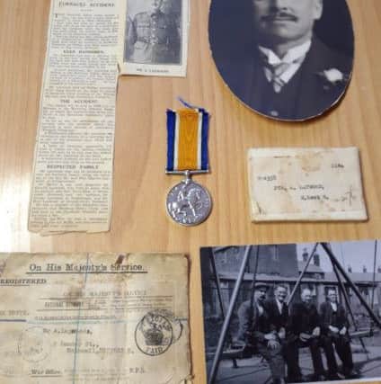 Pictures of Alfred, his war medal with its box and envelope and a cutting from the Evening Telegraph of his death in 1936.