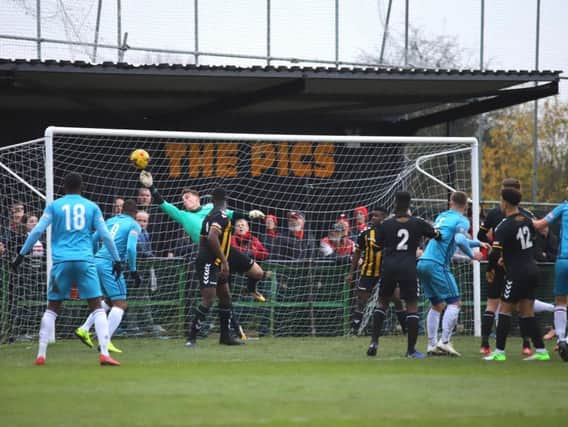 Captain Michael Richens headed home the only goal of the game as Kettering Town won at Rushall Olympic last weekend. Picture by Peter Short