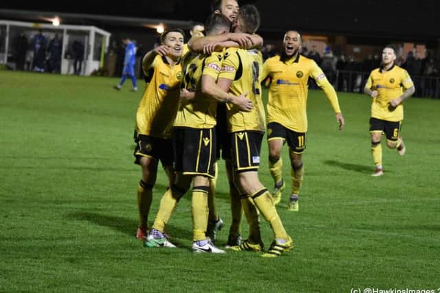 AFC Rushden & Diamonds celebrate Ben Diamond's goal, which was their third in the superb 4-1 victory at Leiston. Picture courtesy of HawkinsImages
