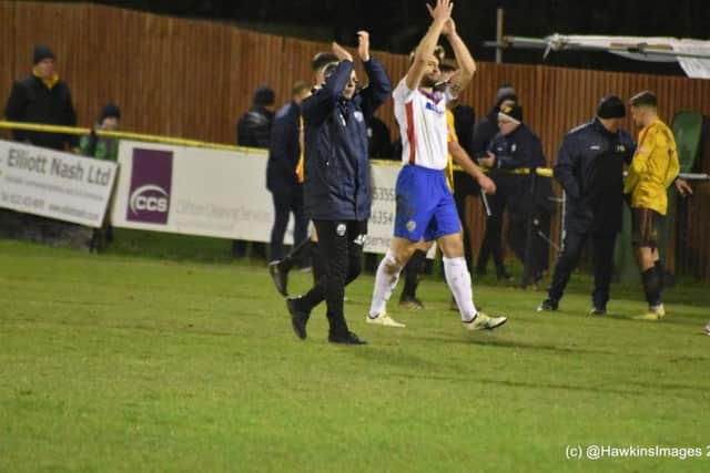 Andy Peaks and striker Tom Lorraine applaud the travelling fans after AFC Rushden & Diamonds 0-0 draw at Alvechurch. Picture courtesy of HawkinsImages