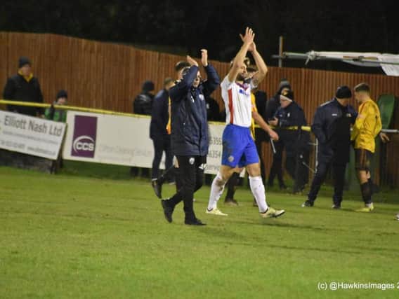 Andy Peaks and striker Tom Lorraine applaud the travelling fans after AFC Rushden & Diamonds 0-0 draw at Alvechurch. Picture courtesy of HawkinsImages