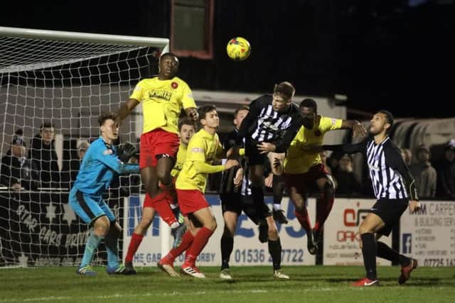 Delroy Gordon (far right) was back in Corby Town colours after rejoining the club ahead of last weekend's 5-1 victory over Kempston Rovers. Picture by Alison Bagley
