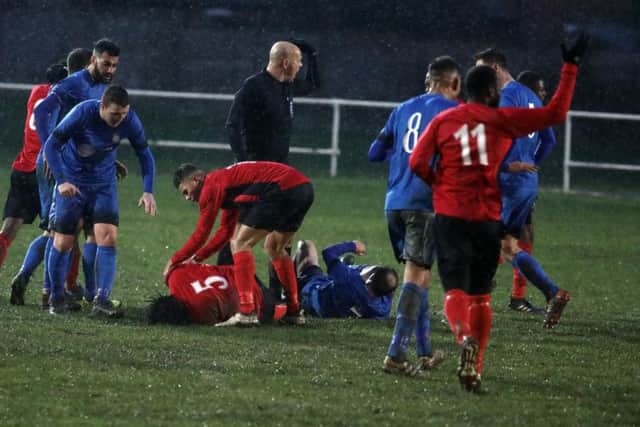 Desborough Towns UCL Premier Division clash with Leicester Nirvana at the R Inn Stadium last weekend was abandoned due to a serious injury to visiting player Alvin Jarvis who suffered a double fracture to his leg. Picture by Alison Bagley