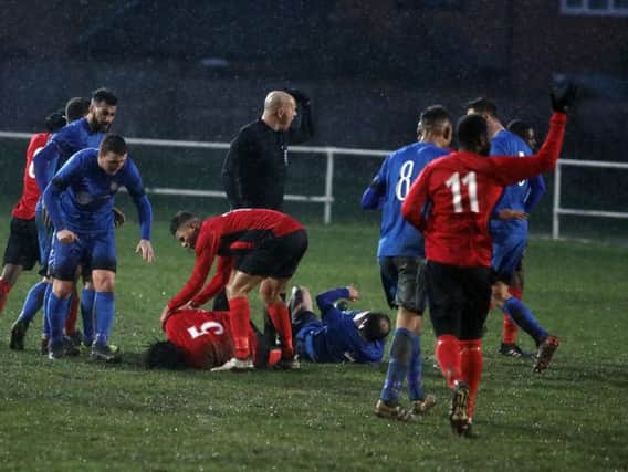 Desborough Towns UCL Premier Division clash with Leicester Nirvana at the R Inn Stadium last weekend was abandoned due to a serious injury to visiting player Alvin Jarvis who suffered a double fracture to his leg. Picture by Alison Bagley