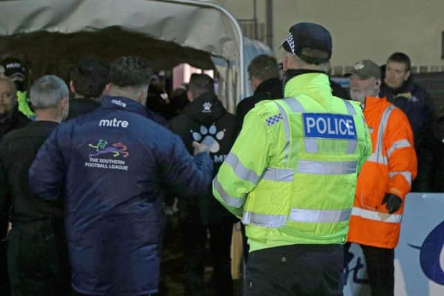 Police were already on site at Latimer Park during Kettering Town's NFA Hillier Senior Cup semi-final with AFC Rushden & Diamonds before an alleged incident took place at half-time. Picture by Peter Short