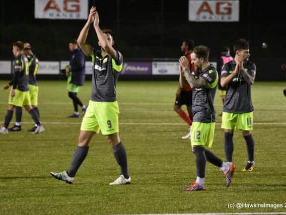 The AFC Rushden & Diamonds players applaud their fans following the 2-2 draw at Redditch United. Pictures courtesy of HawkinsImages