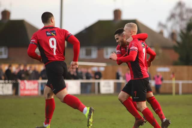 Lindon Meikle celebrates after his superb strike opened the scoring in Kettering Town's 5-0 victory over Hitchin Town. Pictures by Peter Short