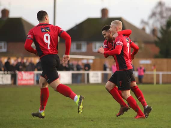 Lindon Meikle celebrates after his superb strike opened the scoring in Kettering Town's 5-0 victory over Hitchin Town. Pictures by Peter Short