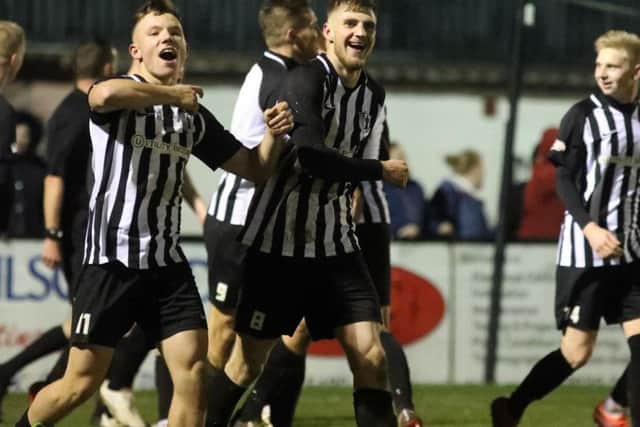 Jordon Crawford (left) and Connor Kennedy were on target for Corby Town during the 3-0 win over Coleshill Town at Steel Park