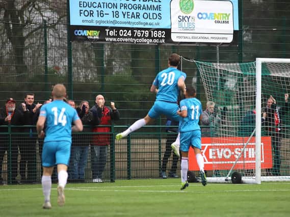 Adam Cunnington celebrates after he opened the scoring in Kettering Town's 2-1 win at Bedworth United. Pictures by Peter Short