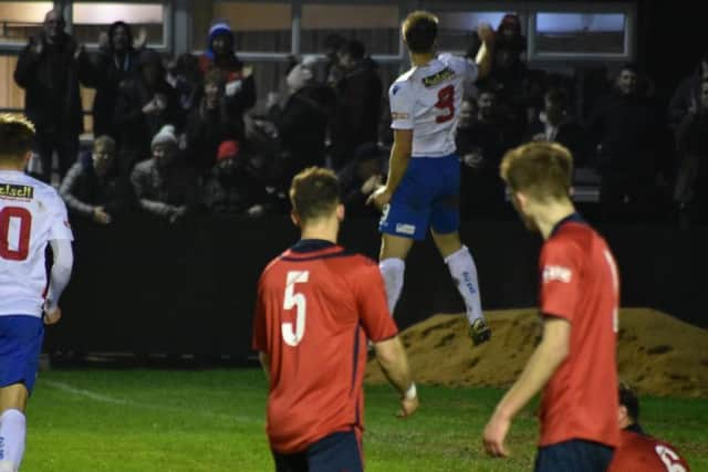 Tom Lorraine jumps for joy after scoring his and AFC Rushden & Diamonds' second goal in the 2-0 victory over St Neots Town at Hayden Road. Pictures courtesy of HawkinsImages