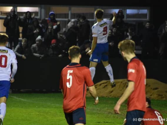 Tom Lorraine jumps for joy after scoring his and AFC Rushden & Diamonds' second goal in the 2-0 victory over St Neots Town at Hayden Road. Pictures courtesy of HawkinsImages