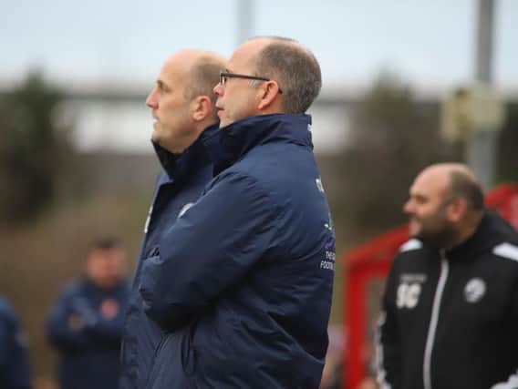AFC Rushden & Diamonds boss Andy Peaks watches on during the 2-1 defeat at Kettering Town. Picture by Peter Short