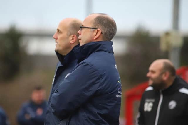 AFC Rushden & Diamonds boss Andy Peaks watches on during the 2-1 defeat at Kettering Town. Picture by Peter Short