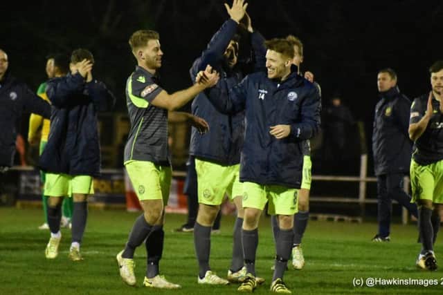 The AFC Rushden & Diamonds players were all smiles after their dramatic 4-3 win at Hitchin Town last weekend. Picture courtesy of HawkinsImages