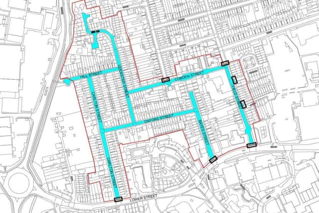 Streets in blue are those which are proposed to become residents' parking only.