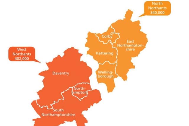 Proposed unitary authority boundaries for Northamptonshire