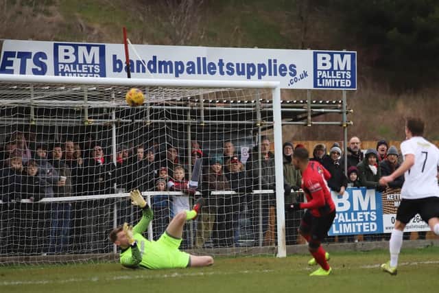 Aaron O'Connor missed this first-half chance but made amends by grabbing the winner after the break at Latimer Park