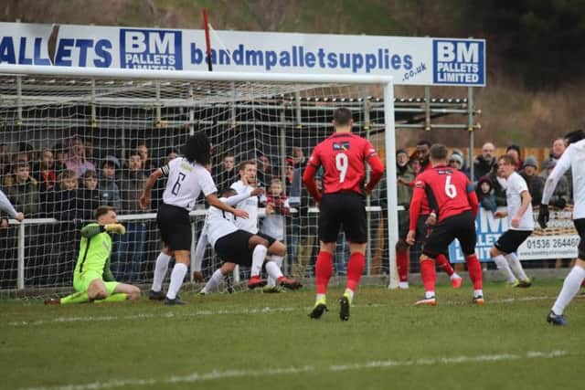 Goalmouth action from Kettering Town's 1-0 home success over Royston Town at the weekend. Picture by Peter Short