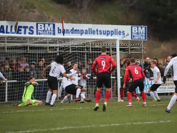 Goalmouth action from Kettering Town's 1-0 home success over Royston Town at the weekend. Picture by Peter Short