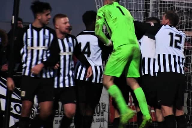 Corby Town celebrate one of their goals during the 4-1 success over Bedford Town. Picture by David Tilley