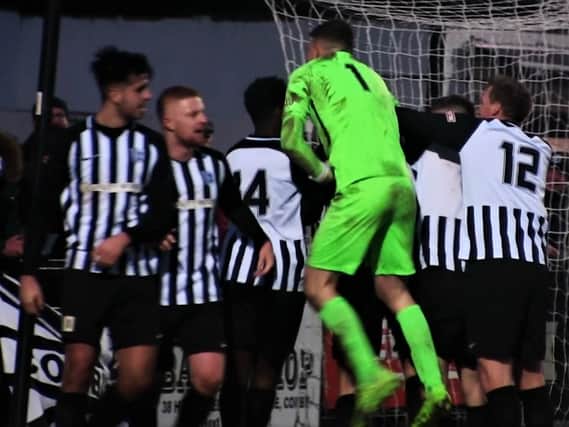 Corby Town celebrate one of their goals during the 4-1 success over Bedford Town. Picture by David Tilley