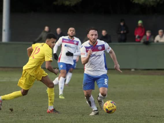 Joe Curtis, pictured in action during last weekends 1-1 draw with Banbury United, is hoping to keep his place in the AFC Rushden & Diamonds team after starting the last two matches. Picture by Alison Bagley