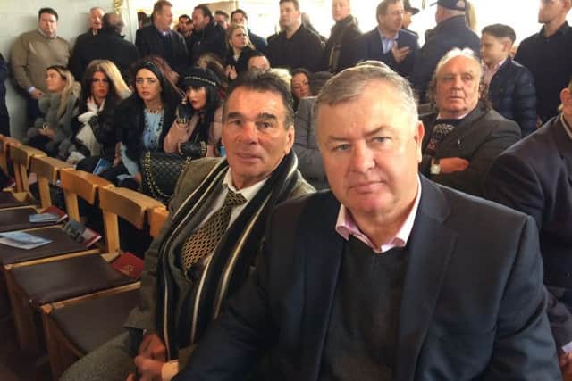 Paddy Doherty, star of Big Brother, with his friend Patrick O'Driscoll at the funeral in Wellingborough