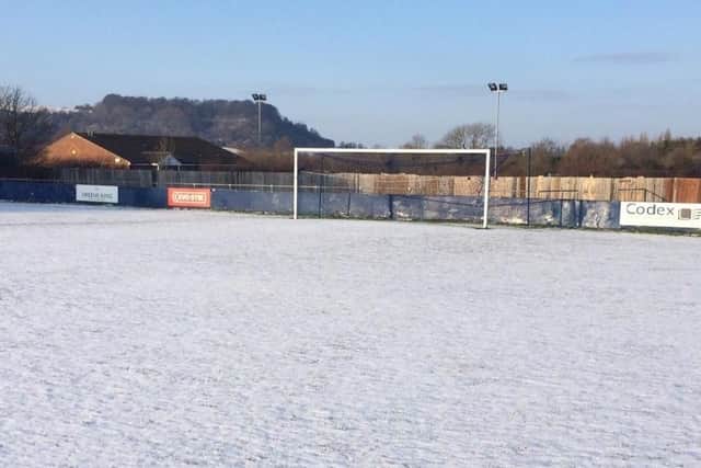 The snowy scene at Barton Rovers as Corby Town's Evo-Stik League South Division One Central clash fell victim to the weather. Picture courtesy of Barton Rovers Football Club
