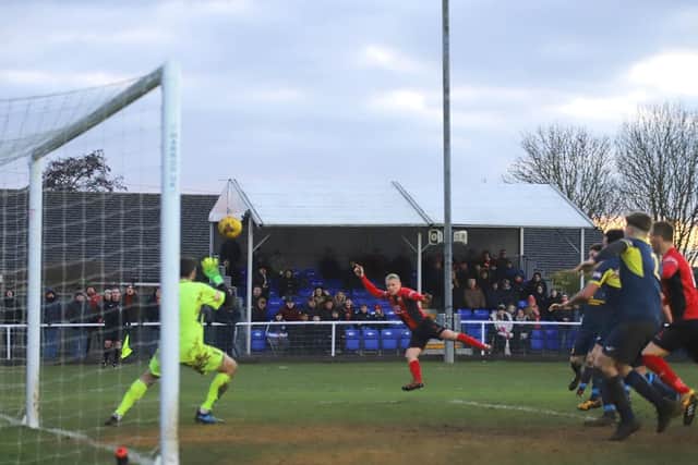 Lindon Meikle fires home the dramatic late winner as Kettering Town beat Needham Market 3-2 at Latimer Park. Pictures by Peter Short
