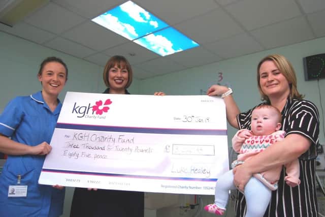 L-R Staff Nurse Tess Thompson, Sister Jane Lafferty, Holly Worland and Lyla (5 months) NNL-190402-164242005