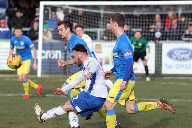 Action from AFC Rushden & Diamonds' 1-0 win over King's Lynn Town last weekend. Picture by Alison Bagley