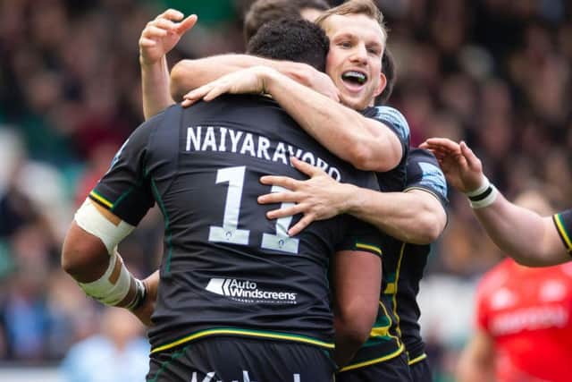 Rory Hutchinson and Taqele Naiyaravoro celebrated the Australian wing's try in the superb success against Sale Sharks (picture: Kirsty Edmonds)