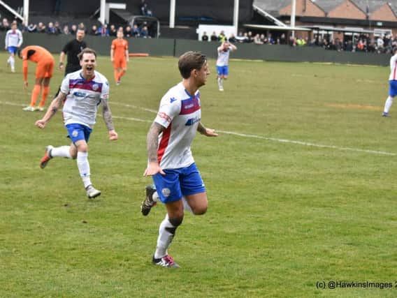Jack Ashton heads off to celebrate his goal in AFC Rushden & Diamonds' 1-1 draw with Leiston at Hayden Road. Picture courtesy of HawkinsImages